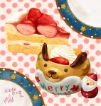  cake dated dessert food food_focus fruit merry_christmas miwa_nagi no_humans original plate polka_dot polka_dot_background santa_claus signature strawberry strawberry_shortcake 