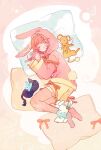  :3 animal_ears animal_print cardcaptor_sakura child closed_eyes colored_skin head_on_pillow kero kinomoto_sakura rabbit_ears rabbit_print rabbit_tail s_y_0 shorts sleeping spinel_sun tail wings yellow_shorts yellow_skin 