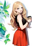  1girl :d black_tank_top blonde_hair blue_eyes bracelet breasts cup disposable_cup from_side highres holding holding_cup jewelry leaf long_hair looking_at_viewer looking_to_the_side medium_breasts no_headwear open_mouth pleated_skirt pokemon pokemon_(game) pokemon_xy red_skirt serena_(pokemon) shadow shirt_tucked_in skirt smile solo tank_top tor_(torkrub111) very_long_hair wavy_hair 