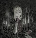  1girl blonde_hair bloodborne bonnet brown_cloak candle candlestand cloak doll_joints expressionless gloves hat highres joints long_hair long_sleeves monochrome plain_doll soldalepaz11 solo upper_body white_eyes 