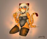  anthro blonde_hair blue_eyes breasts catsockjus clothing felid female fishnet_clothing fur hair leggings legwear lily_(catsockjus) long_hair mammal multicolored_body multicolored_fur orange_body orange_fur pantherine playing_with_hair smile smiling_at_viewer solo striped_body stripes tail tiger two_tone_body two_tone_fur 