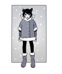  1girl :&lt; absurdres animal_ears arm_guards arms_at_sides blush boots cat_ears cat_girl coat dungeon_meshi full_body fur-trimmed_boots fur-trimmed_coat fur-trimmed_sleeves fur_trim greyscale highres izutsumi jungujun looking_at_viewer monochrome outside_border pants pout scar screentones short_hair short_sleeves snowing solo standing straight-on winter_clothes 
