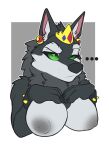  absurd_res anthro big_breasts bracelet breasts canid canine canis crown eanic8 female fluffy fur green_eyes grey_body grey_fur headgear hi_res jewelry mammal solo wolf 