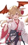  1girl ayacho bat_wings blonde_hair fang finger_to_mouth flower frilled_skirt frills gloves granblue_fantasy head_wings highres japanese_clothes kimono long_hair open_mouth pointy_ears red_eyes red_flower red_rose red_wings rose skirt smile solo vampire vampy vampy_(yukata)_(granblue_fantasy) white_gloves wings yukata 