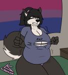 anthro bed big_breasts breasts canid canine canis cleavage clothed clothing domestic_dog female furniture hi_res husky kayla_(lonnyk) lonnyk mammal nordic_sled_dog on_bed ripping sitting sitting_on_bed slightly_chubby slightly_chubby_female solo spitz torn_clothing 