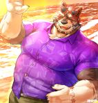  2023 absurd_res anthro beach black_nose bottomwear clothing detailed_background eyes_closed eyewear eyewear_on_head hi_res humanoid_hands kemono lifewonders live_a_hero male mammal musclegut outside overweight overweight_male procyonid raccoon seaside seikeikei2015 shirt shorts smile solo sunglasses sunglasses_on_head topwear viscunam water 