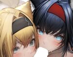  2girls absurdres animal_ears arknights black_hair black_hairband blank_censor blaze_(arknights) blonde_hair blue_eyes blush cat_ears cat_girl censored close-up cropped double_fellatio green_eyes hair_between_eyes hair_intakes hairband highres horn_(arknights) looking_at_viewer multiple_girls paid_reward_available red_hairband tab_head wolf_ears wolf_girl 