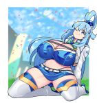  1girl aqua_(konosuba) bellupup blue_eyes blue_hair blue_skirt blue_sky blurry blurry_background boots border breasts closed_mouth confetti crop_top cropped_jacket day full_body grass high_heel_boots high_heels huge_breasts jacket kneeling kono_subarashii_sekai_ni_shukufuku_wo! long_sleeves looking_at_viewer midriff miniskirt one_eye_closed outdoors popped_collar race_queen skindentation skirt sky smile solo spread_legs thigh_boots white_border white_footwear white_jacket 