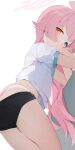  1girl black_shorts blue_archive blue_eyes closed_mouth clothes_pull gym_shirt halo heterochromia highres hiroki_(yyqw7151) hoshino_(blue_archive) long_hair looking_at_viewer panties pink_hair pink_halo pink_panties shirt shorts shorts_pull simple_background solo underwear white_background white_shirt yellow_eyes 