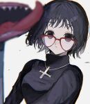  1girl black_hair black_sweater cross cross_necklace expressionless glasses highres hunter_x_hunter inverted_cross jewelry long_sleeves looking_at_viewer necklace red-framed_eyewear shizuku_murasaki short_hair simple_background solo sweater vacuum_cleaner white_background ziyuuuuuuda 