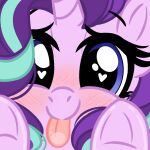  &lt;3 &lt;3_eyes 1:1 blep blush close-up emberslament equid equine friendship_is_magic fur hair hasbro hi_res hooves horn looking_at_viewer mammal my_little_pony pink_body pink_fur purple_eyes purple_hair starlight_glimmer_(mlp) tongue tongue_out unicorn 