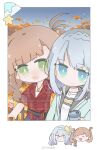  2girls :d aqua_jacket arm_at_side autumn autumn_leaves awane_kokoro bangs belt blue_eyes blue_hair blue_sky blunt_bangs braid brown_hair buttons chibi closed_mouth collared_shirt cube_hair_ornament green_eyes hair_ornament hair_rings hand_on_another&#039;s_shoulder highres holding_thermos jacket jewelry kagami_masara kongchuangdie light_blue_hair looking_at_viewer low_tied_sidelocks magia_record:_mahou_shoujo_madoka_magica_gaiden mahou_shoujo_madoka_magica multiple_girls necklace official_alternate_costume open_mouth outdoors partially_unbuttoned polaroid red_shirt shirt side_braid sidelocks single_sidelock sky sleeves_rolled_up smile upper_body white_shirt 