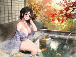  1girl absurdres alcohol ashiyu autumn autumn_leaves bath bathing black_hair blush breasts bucket cleavage collarbone commentary_request day falling_leaves food fruit hair_between_eyes hand_in_own_hair highres japanese_clothes kimono large_breasts leaf long_sleeves looking_at_viewer maple_leaf messy_hair mole mole_on_breast nature no_bra no_panties obi onsen open_clothes open_mouth orange_(fruit) original outdoors partially_submerged print_kimono purple_eyes rock sake sash sitting smile soaking_feet solo steam thighs towel tree water wellsy wet wide_sleeves wooden_bucket 