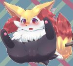  1girl animal_ear_fluff animal_ears animal_feet animal_nose arm_support artist_name black_fur blush body_fur braixen commentary_request embarrassed fang feet fox_ears fox_girl fox_tail full_body furry furry_female highres leaning_back legs_up looking_at_viewer multicolored_fur neck_fur open_mouth outline pawpads plaid plaid_background pokemon pokemon_(creature) puniwanko pussy raised_eyebrows red_eyes shy signature sitting soles solo spread_legs stick tail thick_thighs thighs uncensored white_fur white_outline yellow_fur 