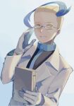  1boy black_jacket blonde_hair blue_background blue_hair coat collared_coat colress_(pokemon) commentary_request glasses gloves highres himurohiromu holding jacket long_sleeves male_focus multicolored_hair pokemon pokemon_(game) pokemon_bw2 short_hair smile solo two-tone_hair upper_body white_coat white_gloves yellow_eyes 