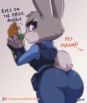  2023 anthro big_butt brachyzoid buckteeth butt butt_pose clothed clothing dialogue digital_media_(artwork) disney english_text female fully_clothed fur furgonomics grey_body grey_fur holding_object holding_weapon judy_hopps lagomorph leporid looking_at_viewer looking_back looking_back_at_viewer mammal open_mouth pose purple_eyes rabbit rear_view redraw scut_tail short_tail signature simple_background solo tail tail_clothing talking_to_viewer teeth text thick_thighs unseen_character url weapon white_background wide_hips zootopia 