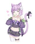  1girl :d absurdres animal_ear_fluff animal_ears black_camisole black_shorts bow camisole cat_ears cat_girl cat_tail colored_inner_hair crop_top ellu green_eyes green_hair heart heart_hands highres indie_virtual_youtuber jacket multicolored_hair navel off_shoulder open_clothes open_jacket open_mouth purple_eyes purple_jacket short_hair short_shorts shorts shwaa single_thighhigh smile strap_slip tail tail_bow tail_ornament thigh_strap thighhighs two-tone_hair virtual_youtuber white_thighhighs 