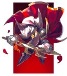  1boy cape glaring gloves highres holding holding_sword holding_weapon kirby_(series) looking_at_viewer male_focus mask meta_knight one_eye_covered petals red_background simple_background solo sword user_gaje3724 weapon 