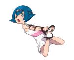  1girl :o absurdres aqua_eyes arms_behind_back bdsm black_footwear blue_hair bondage bound bright_pupils commentary_request dress eyelashes full_body hairband highres jewelry kumo_no_ito lana_(pokemon) lana_(sygna_suit)_(pokemon) looking_back necklace no_sclera official_alternate_costume open_mouth pokemon pokemon_(game) pokemon_masters_ex raised_eyebrows sandals shibari short_hair solo teeth toes upper_teeth_only white_background white_dress white_pupils 