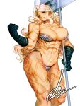  1girl abs amazon_(dragon&#039;s_crown) amazon_warrior armlet axe bikini blonde_hair breasts dragon&#039;s_crown feather_hair flexing gloves hairband holding holding_weapon huge_weapon large_breasts leg_tattoo long_hair looking_at_viewer minew muscular muscular_female purple_eyes signature solo swimsuit tattoo thick_thighs thighs wavy_hair weapon 