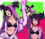  1girl black_bra black_hair black_nails bra breasts cleavage cosplay flying_kick han_juri heterochromia highres kicking kigurumi multicolored_hair navel off_shoulder official_alternate_costume official_alternate_hairstyle open_mouth pajamas pink_pajamas smile stomach streaked_hair street_fighter street_fighter_6 twintails underwear unzipped yuu_(primenumber7) 