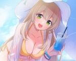  1girl :d bikini blue_archive blue_sky blurry bracelet breasts brown_hair cleavage cloud cloudy_sky collarbone commentary_request cup depth_of_field disposable_cup drink drinking_straw green_eyes hair_between_eyes hair_down hat highres holding holding_cup jewelry large_breasts long_hair long_sleeves looking_at_viewer miyai_(myai04) navel nonomi_(blue_archive) nonomi_(swimsuit)_(blue_archive) official_alternate_costume official_alternate_hairstyle scrunchie see-through sidelocks sky sleeveless smile solo stomach sun_hat sunlight swimsuit wrist_scrunchie yellow_bikini 