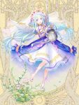  1girl :d blue_dress blue_hair chain collar commission dairoku_ryouhei dress feathered_wings flower halterneck head_wreath holding holding_watering_can kinokiyono long_hair purple_eyes smile standing til_roeve twintails veil very_long_hair watering_can white_wings wings yellow_background 