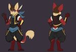  2016 anthro armor bandanna bottomwear bracers brown_hair clothed clothing feather_earring ferrin front_view fur hair hi_res kalani_darrow kerchief male rear_view red_body red_fur reference_image shirt shorts solo tan_body tan_fur topwear vest 