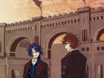  2boys alcryst_(fire_emblem) asymmetrical_hair blue_hair brothers castle closed_eyes cloud cloudy_sky diamant_(fire_emblem) fire_emblem fire_emblem_engage hair_ornament hairclip highres jacket looking_at_another multiple_boys official_alternate_costume open_clothes open_jacket open_mouth orange_sky red_hair shirt short_hair siblings sky smile white_shirt yoi0763 