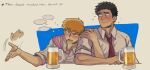  2boys alcohol beer_mug black_hair blush closed_mouth collared_shirt cup drunk english_text facial_hair highres kentret looking_at_another male_focus mob_psycho_100 mug multiple_boys open_mouth orange_hair reigen_arataka serizawa_katsuya shirt short_hair upper_body white_shirt 