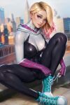  1girl aqua_footwear blonde_hair blue_eyes blurry blurry_background bodysuit breasts cameltoe cityscape colored_tips eyebrow_piercing freckles highres hood hood_down hooded_bodysuit marvel multicolored_bodysuit multicolored_clothes multicolored_hair neoartcore patreon_username piercing sitting skin_tight solo spider-gwen spider-man_(series) spider_web_print superhero tying_footwear 