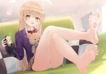  bare_legs barefoot blonde_hair blush crossed_legs cum cum_in_footwear cum_on_body cum_on_feet feet kou_futoshi open_mouth otonari_no_tenshi-sama_ni_itsu_no_mani_ka_dame_ningen_ni_sarete_ita_ken panties pillow school_uniform shiina_mahiru_(otonari_no_tenshi-sama) soles stuffed_animal stuffed_toy sweat teddy_bear underwear uniform white_panties yellow_eyes 