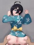  ahe_gao ahoge ai-generated airest araragi_koyomi araragi_tsukihi ass_grab bakemonogatari black_hair blue_eyes blue_kimono bow bowtie commentary_request cum cum_in_pussy from_behind grabbing grapefruit hair_ornament hands_on_ass hands_on_hips highres incest japanese_clothes kimono monogatari_(series) motion_lines open_mouth rolling_eyes saliva sex simple_background stable_diffusion tongue tongue_out vaginal 