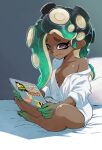  1girl aqua_hair aqua_skin barefoot black_hair breasts buttons callie_(splatoon) cephalopod_eyes closed_mouth collarbone colored_skin computer dark-skinned_female dark_skin furrowed_brow gradient_hair gradient_skin green_eyes indian_style laptop long_hair marie_(splatoon) marina_(splatoon) medium_breasts mismatched_eyebrows mole mole_under_mouth multicolored_eyes multicolored_hair multicolored_skin muramasa_mikado off_shoulder partially_unbuttoned pink_eyes purple_pupils shirt single_bare_shoulder sitting smile solo splatoon_(series) splatoon_2 suction_cups tentacle_hair two-tone_hair two-tone_skin white_shirt 