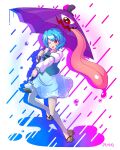  1girl ;p blue_skirt blue_vest commentary_request full_body geta highres juliet_sleeves karakasa_obake kogasa_day long_sleeves looking_at_viewer one_eye_closed puffy_sleeves purple_umbrella rain red_eyes shirt signature skirt solo tatara_kogasa tongue tongue_out touhou umbrella vest white_shirt yama_b 