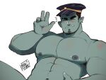  1boy abs bara beard blush colored_skin completely_nude eyebrow_cut facial_hair feet_out_of_frame goatee_stubble green_skin hat kepi large_pectorals male_focus mature_male military_hat monster_boy muscular muscular_male navel nipples nude orc original out-of-frame_censoring pectorals police_hat rusl_(ruslorc) ruslorc short_hair solo stomach strongman_waist thick_eyebrows three-finger_salute tusks 