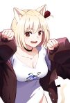  1girl animal_ear_fluff animal_ears black_choker blonde_hair blush breasts brown_jacket cat_ears cat_girl cat_tail choker cleavage collarbone commentary fang hair_between_eyes hair_ribbon hyoe_(hachiechi) jacket large_breasts looking_at_viewer lower_teeth_only lycoris_recoil medium_hair nishikigi_chisato one_side_up open_clothes open_jacket open_mouth paw_pose red_eyes red_ribbon ribbon shirt simple_background smile solo tail teeth white_background white_shirt 