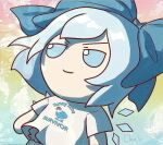  1girl blue_bow blue_eyes blue_hair bow chibi chromatic_aberration cirno commentary feathers film_grain fumo_(doll) hair_bow ice ice_wings shirt skullchimes smile snowflake_background solo t-shirt touhou v-shaped_eyebrows wings 