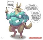  anthro bottomless canid canine clothed clothing harry_the_werewolf hi_res male mammal moobs obese overweight pantsless scary_godmother shirt shirt_only simple_background solo speech_bubble spiritfoxzilla standing topwear topwear_only were werecanid werecanine werewolf white_background 