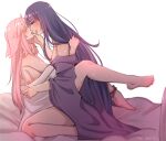  2girls after_kiss animal_ears ankie_(ankys_) bare_legs bed blush breasts breath closed_eyes couple covered_eyes feet fox_ears french_kiss full_body genshin_impact grabbing_another&#039;s_hair hair_between_eyes hand_on_another&#039;s_back hand_on_another&#039;s_chin head_back heavy_breathing highres holding_another&#039;s_hair hug kiss large_breasts leg_lock legs long_hair long_legs missionary multiple_girls no_shoes on_bed open_mouth pink_hair purple_hair raiden_shogun saliva saliva_trail sex sideboob simple_background sweat toes tongue tongue_out twitter_username upper_body very_long_hair white_background yae_miko yuri 