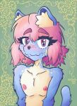  ambiguous_gender anthro black_nose blue_body blue_fur blue_hair blush bodily_fluids digital_media_(artwork) domestic_cat felid feline felis flat_chested fur hair hi_res inner_ear_fluff looking_at_viewer mammal miniscule_(minisculeiscool) nipples nude pink_eyes pink_hair short_hair simple_background solo spots sweat tail tuft 