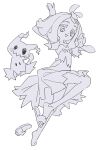  1girl 1other acerola_(pokemon) ahoge arm_above_head arms_up donuttypd dress hair_ornament hands_up looking_at_viewer looking_down medium_hair mimikyu monochrome open_mouth open_smile patchwork_clothes pokemon pokemon_(creature) pokemon_(game) pokemon_sm sandals simple_background smile white_background 