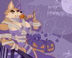  anthro barazoku candy canid canine canis clothing cooper_krager cosplay costume dessert food fruit genitals halloween halloween_costume holidays male male/male mammal moon muscular muscular_anthro muscular_male penis pinumontbalou plant pumpkin remember_the_flowers scar solo wolf 