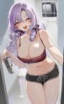  1girl :d absurdres alcohol areola_slip asahi_breweries bare_arms bare_shoulders beer beer_can black_shorts blurry blush breasts can cleavage cowboy_shot crop_top depth_of_field dolphin_shorts doorway drill_hair drunk eyelashes hair_between_eyes hair_ribbon half-closed_eyes highres holding holding_can hyakumantenbara_salome indoors jeon-eo_konoshiro korean_commentary large_breasts long_hair looking_at_viewer micro_shorts midriff navel night nijisanji pink_eyes purple_hair red_ribbon revision ribbon shorts smile solo standing tank_top thighs very_long_hair virtual_youtuber 