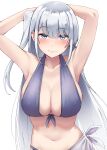  1girl absurdres armpits arms_behind_head bare_arms bare_shoulders bikini blue_eyes blush breasts cleavage closed_mouth collarbone fuyutsuki_(kancolle) grey_hair hair_between_eyes highres kantai_collection kiritto large_breasts long_hair navel one_side_up presenting_armpit purple_bikini sideboob simple_background smile solo stomach swimsuit upper_body white_background 