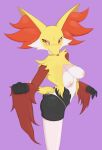  absurd_res anthro big_breasts blush breasts clothed clothing delphox female generation_6_pokemon hi_res legwear miliandpaint nintendo panties pokemon pokemon_(species) purple_background side_view simple_background solo thigh_highs topless underwear 