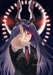  1girl absurdres animal_ears black_jacket blazer closed_mouth collared_shirt commentary_request commission danmaku highres jacket long_hair long_sleeves necktie niseneko_(mofumofu_ga_ienai) purple_hair rabbit_ears red_eyes red_necktie reisen_udongein_inaba shirt skeb_commission solo touhou upper_body white_shirt 