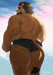  1boy animal_ears arms_at_sides arsalan_(housamo) artist_request ass_peek bara beard black_male_swimwear facial_hair feet_out_of_frame furry furry_male highres lion_boy lion_ears looking_at_viewer looking_back male_focus male_swimwear mature_male medium_hair muscular muscular_male seductive_smile smile solo strongman_waist sunglasses swim_briefs thick_eyebrows thick_thighs thighs tokyo_afterschool_summoners 