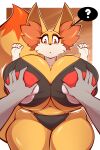  2023 ambiguous_gender anthro big_breasts bikini blush breast_grab breasts clothing digital_media_(artwork) duo faceless_character female female/ambiguous fennekin fur generation_6_pokemon gin-blade hand_on_breast hi_res huge_breasts huge_hips nintendo pokemon pokemon_(species) question_mark red_eyes short_stack swimwear thick_thighs yellow_body yellow_fur 