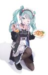  1girl absurdres alternate_costume apron aqua_eyes aqua_hair black_dress black_pantyhose blush chest_tattoo choker curly_hair dress earrings enmaided food fork full_body green_hair hatsune_miku highres holding holding_fork incoming_food jewelry kneeling maid maid_apron maid_headdress nail_polish o-ring o-ring_choker omelet omurice one_eye_closed open_mouth pantyhose project_sekai smile solo tattoo twintails vivid_bad_squad_miku vocaloid vs0mr white_background 